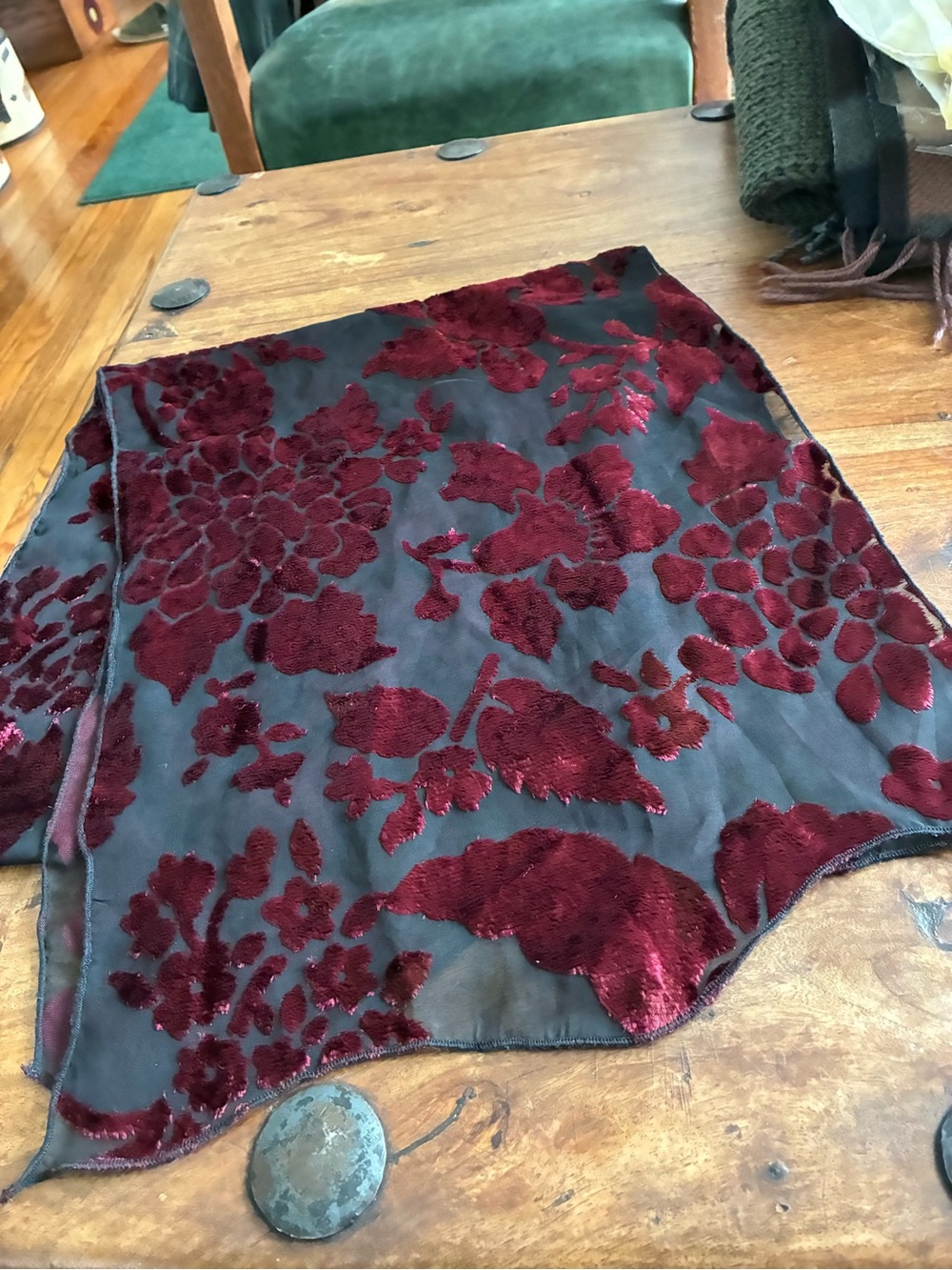Burgundy Floral Burnout Velvet Scarf
